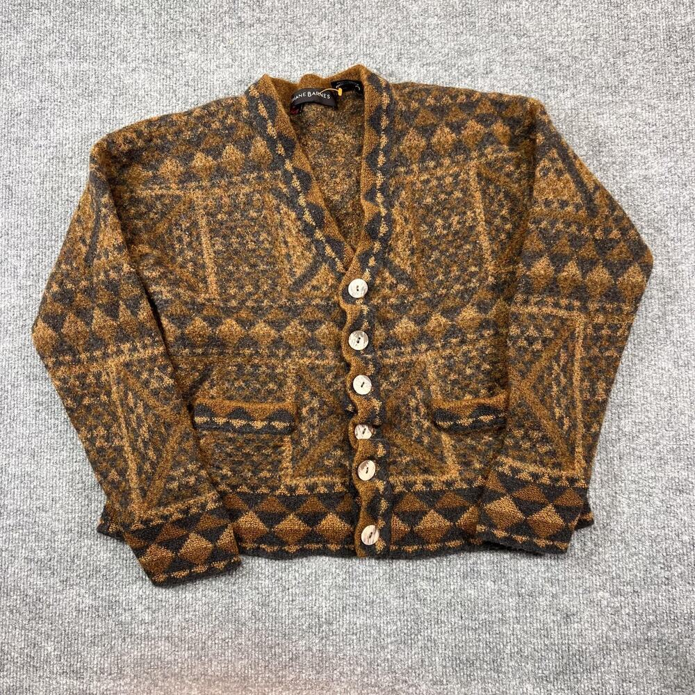 Vintage Jhane Barnes Sweater Mens L Brown Wool V Neck Cardigan Geometric Knit
